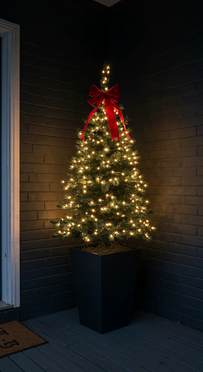 A brightly lit mini tree with a red bow against a dark brick wall.