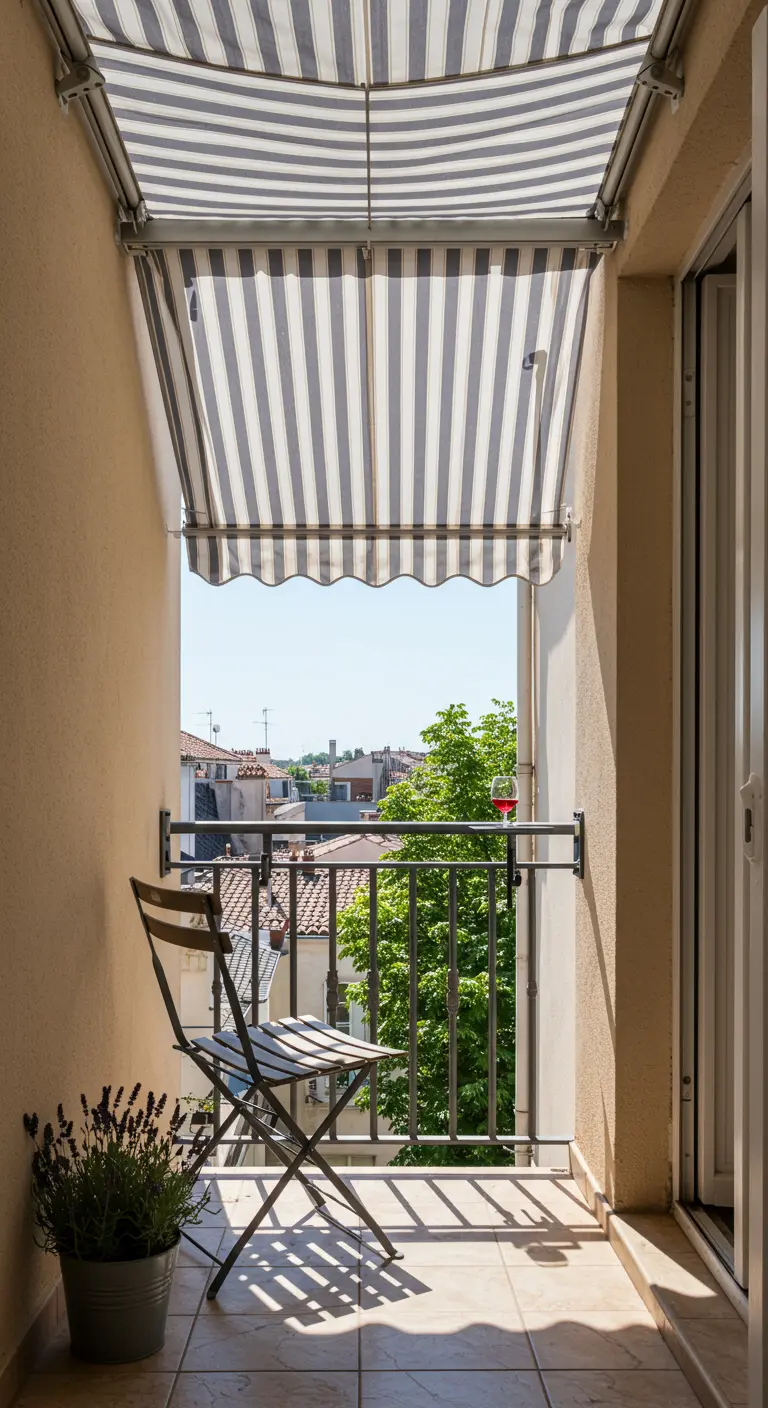 A tiny balcony with just one bistro chair and a single pot of lavender on the floor.