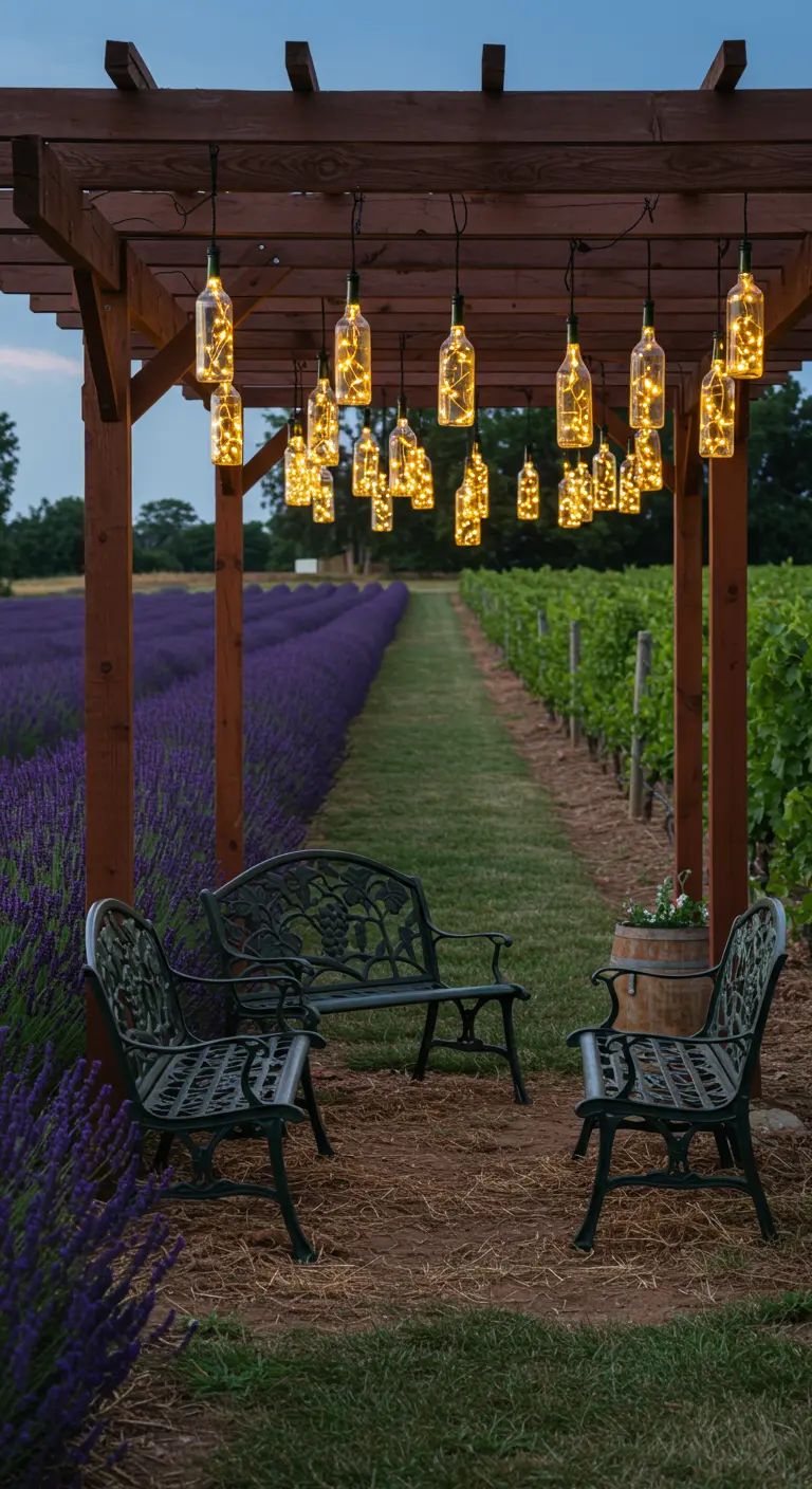 A seating area under a pergola decorated with glowing lights inside hanging bottles.