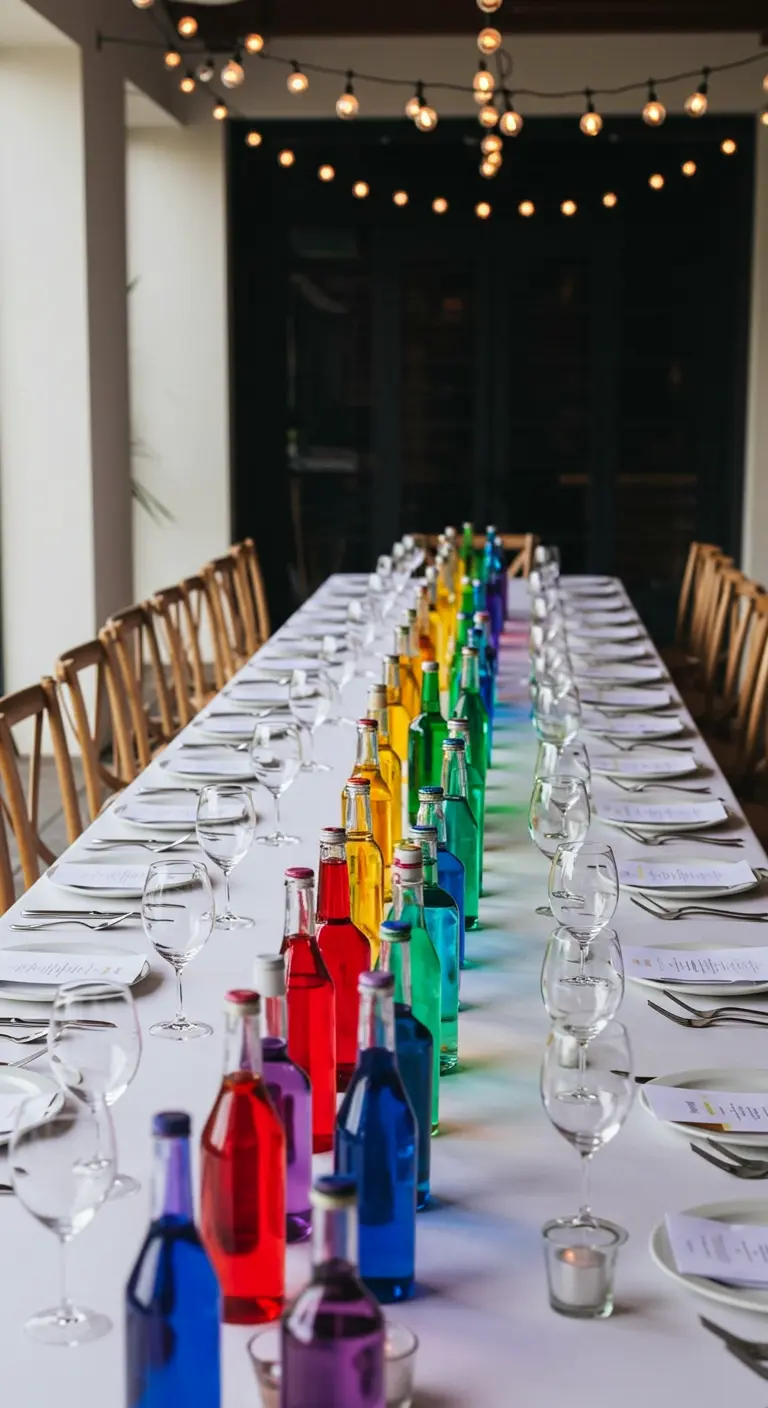 A long dining table with a centerpiece made of glass bottles filled with rainbow-colored liquids.