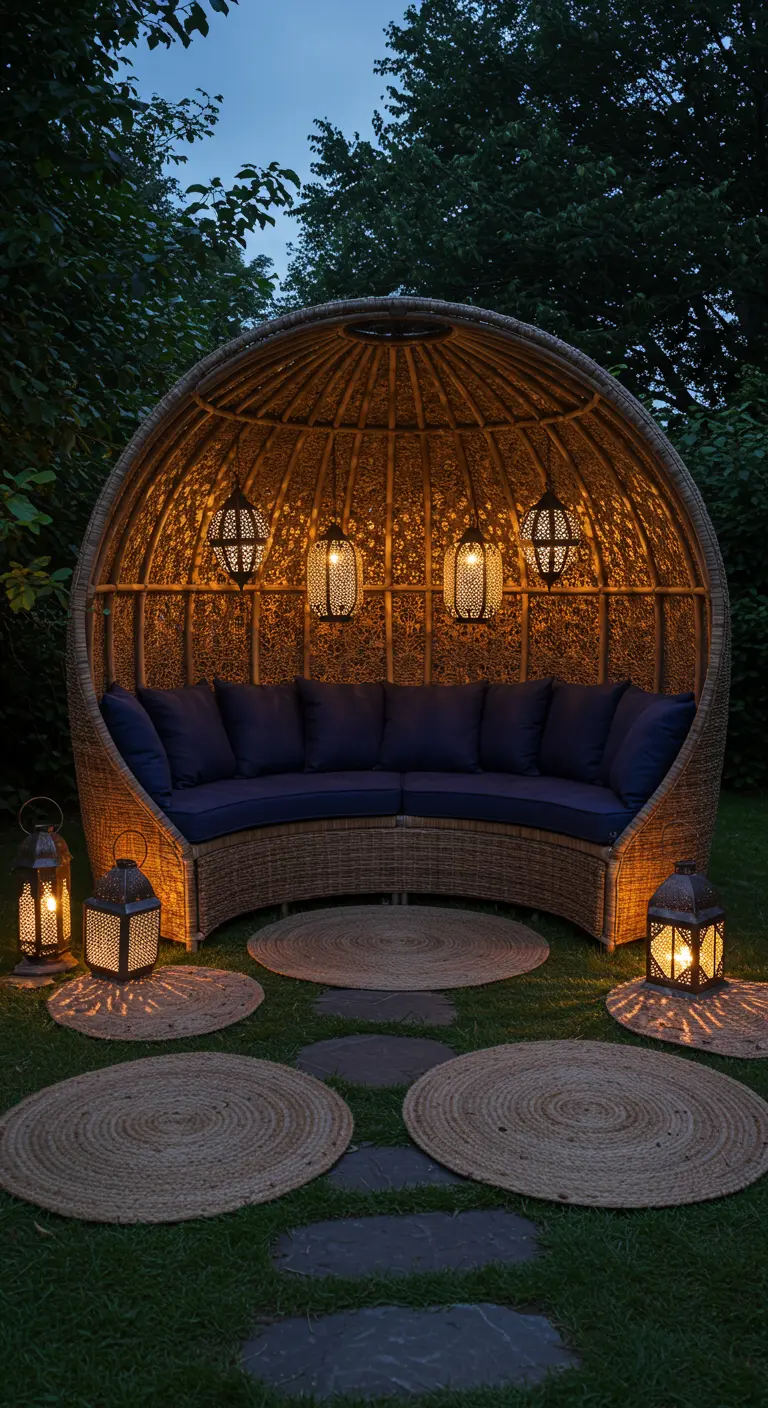 A domed rattan daybed lit from within by hanging lanterns in a dark garden.
