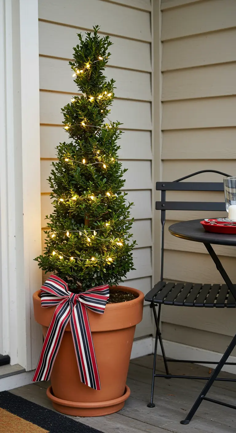 A spiral boxwood topiary with fairy lights and a striped bow.