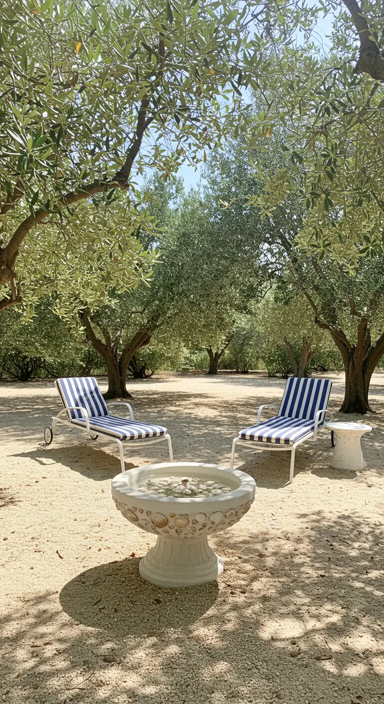 A white ceramic birdbath with seashell details, flanked by two loungers with striped cushions.