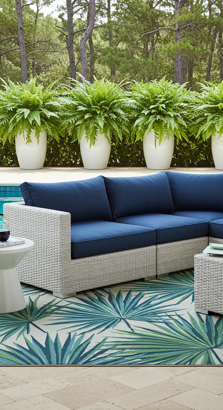 White rattan sectional with navy cushions on a bold tropical leaf print rug.