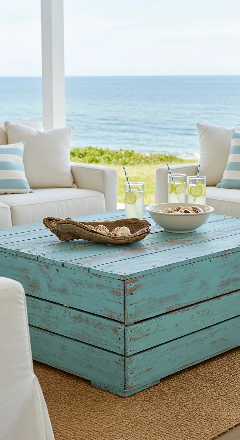 Bright turquoise painted crate coffee table on a coastal porch.