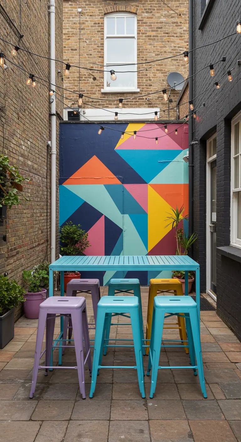 A narrow courtyard with colorful stools in front of a geometric mural.