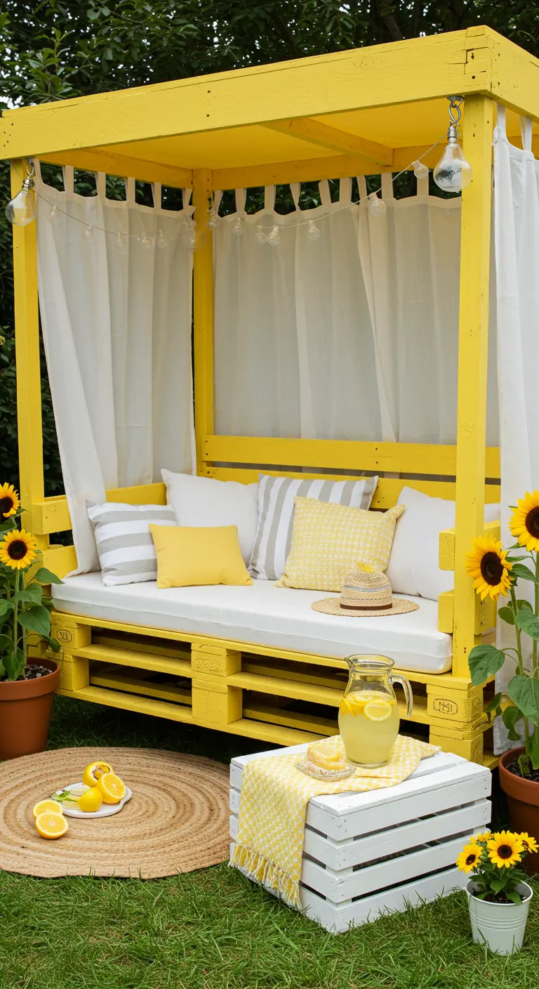 Bright yellow pallet canopy bed surrounded by sunflowers, with lemon-themed decor.