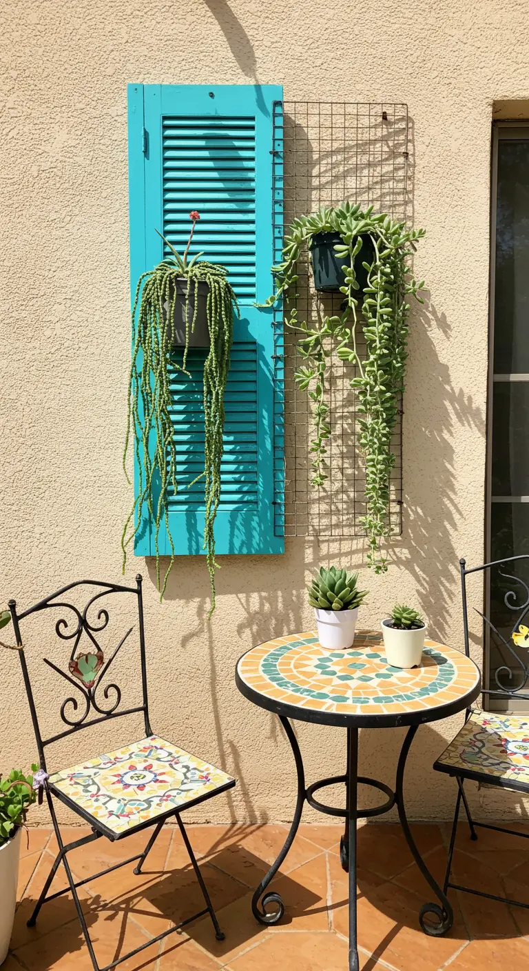 A bright turquoise shutter and a wire grid hold plants on a stucco wall.