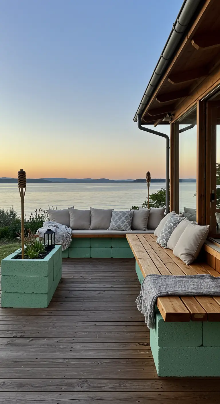 An L-shaped cinder block bench painted mint green, on a deck overlooking a lake at dusk.