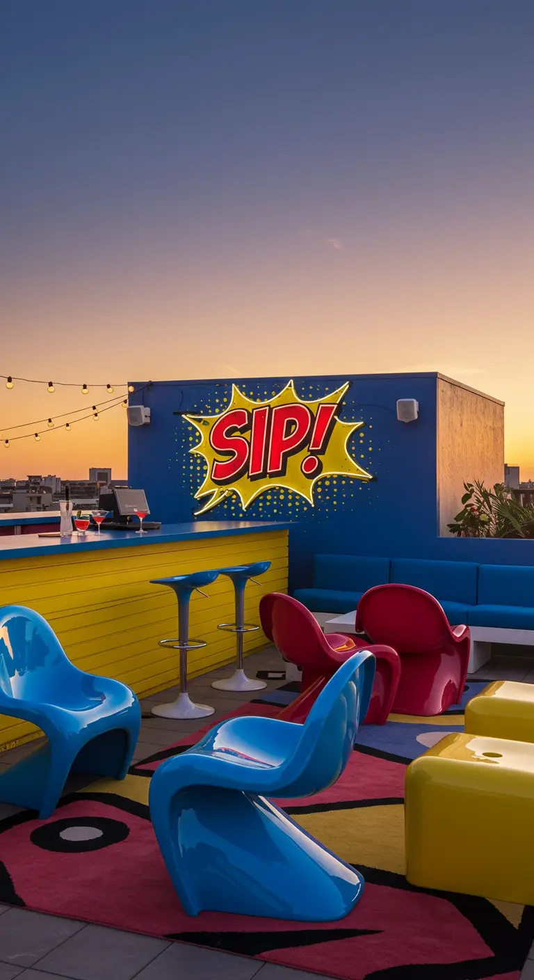 Colorful rooftop patio with a pop-art 'SIP!' neon sign and brightly colored chairs.