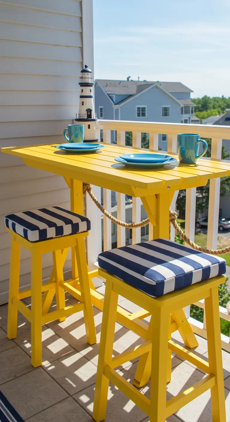 A bright yellow bistro set on a balcony with striped cushions.
