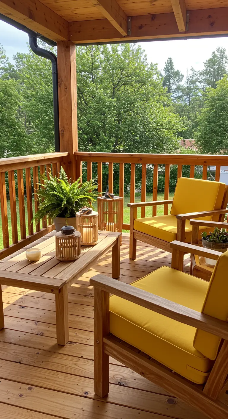 Wooden patio furniture with bright yellow cushions, a fern, and bamboo lanterns.