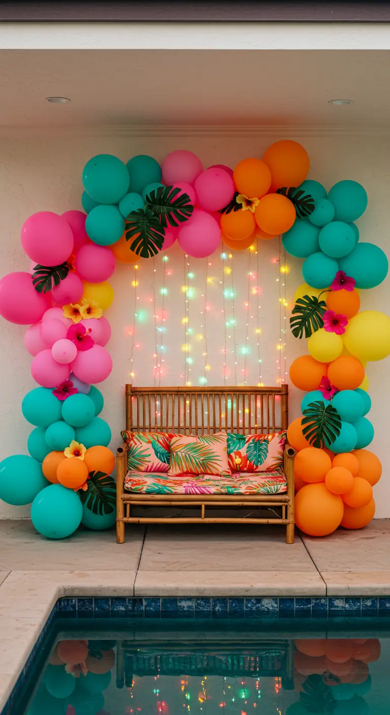A tropical-colored balloon arch with Monstera leaves framing a bamboo bench by a pool.