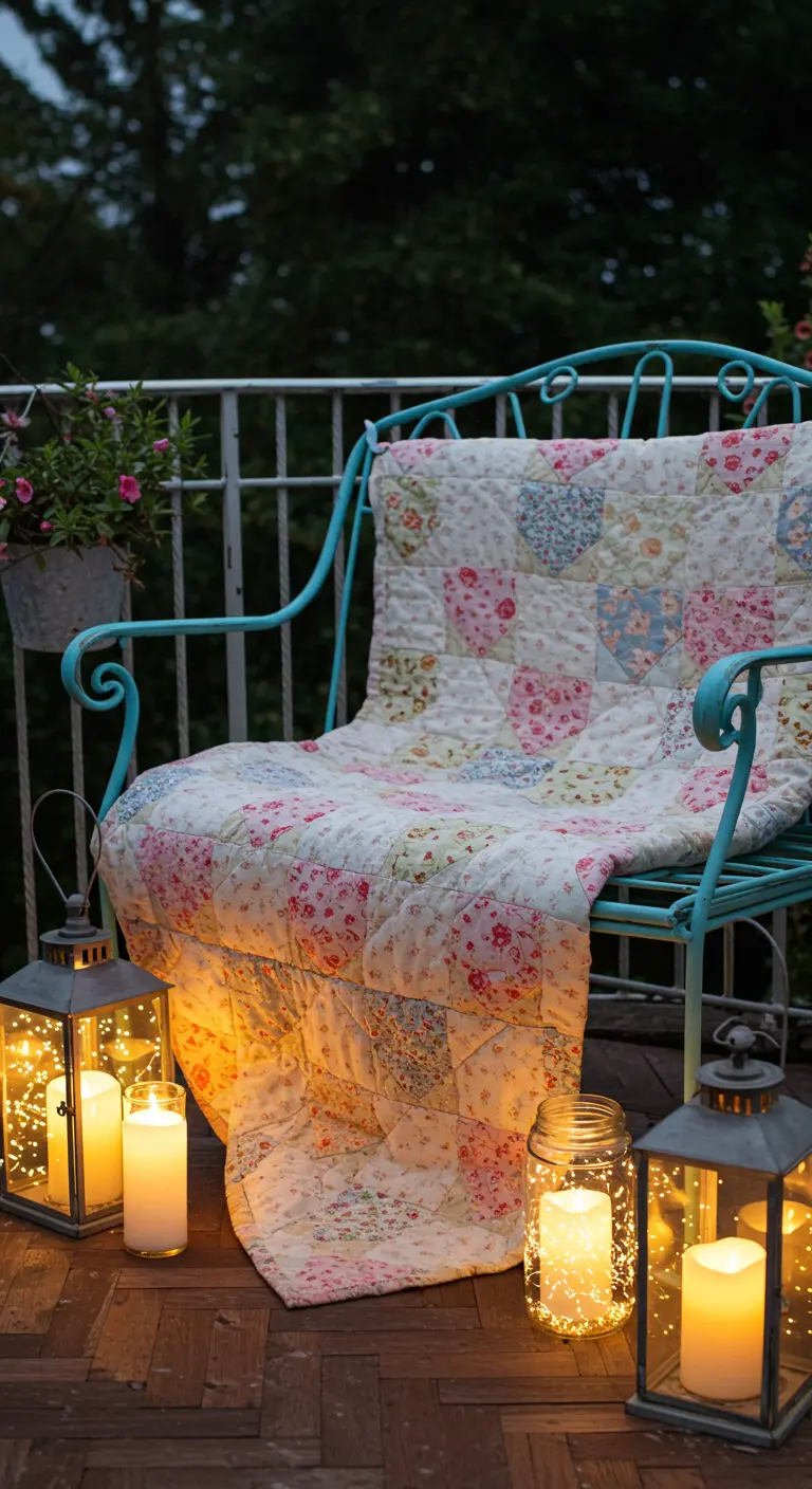 A turquoise metal bench on a balcony, adorned with a patchwork quilt and surrounded by lanterns.