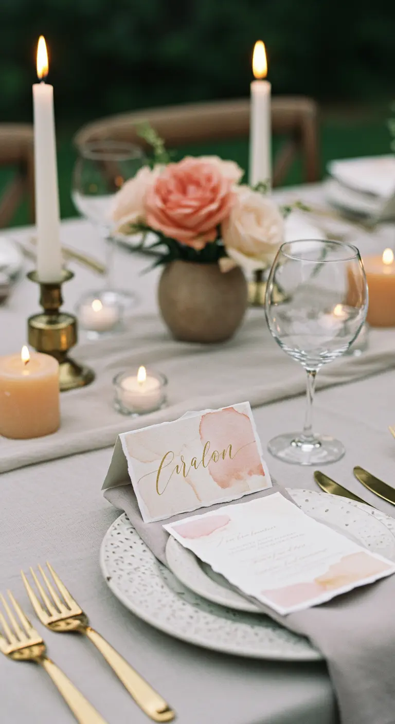 A place card with a delicate pink watercolor wash and gold calligraphy.