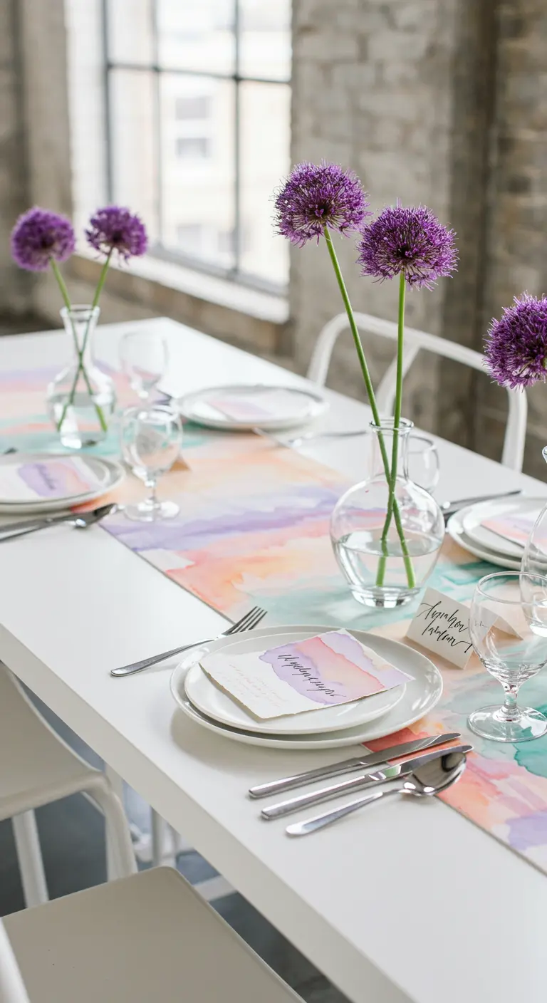 Modern white table with a pastel watercolor runner and matching place cards.