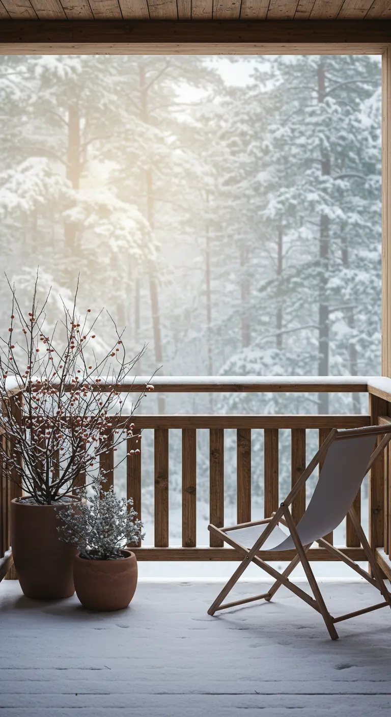 Snowy balcony with terracotta pots holding branches with bright red berries.