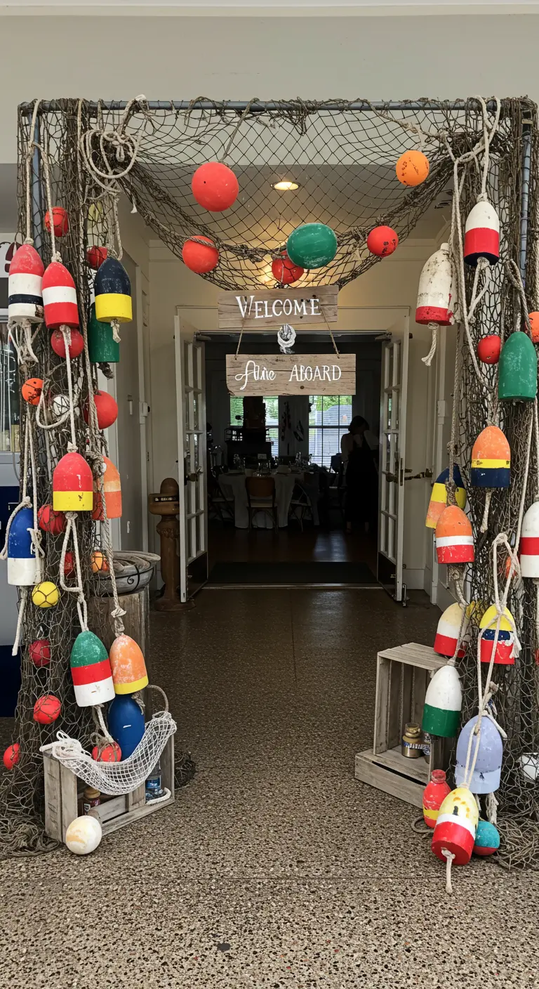 Party entrance decorated with fishing nets, colorful buoys, and a 'Welcome Aboard' sign.