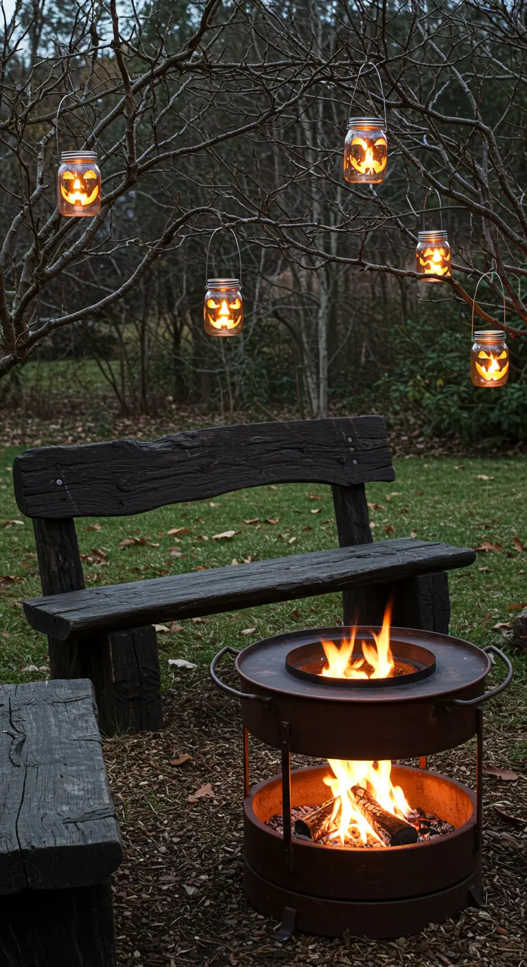 A Halloween-themed fire pit area with jack-o'-lantern mason jars hanging from bare trees.