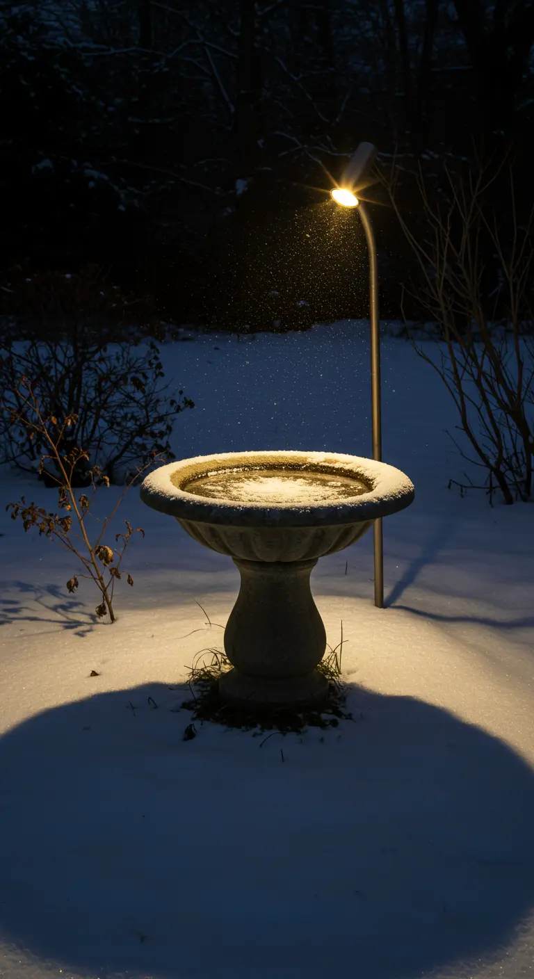A stone birdbath in the snow, highlighted by a single spotlight at night.
