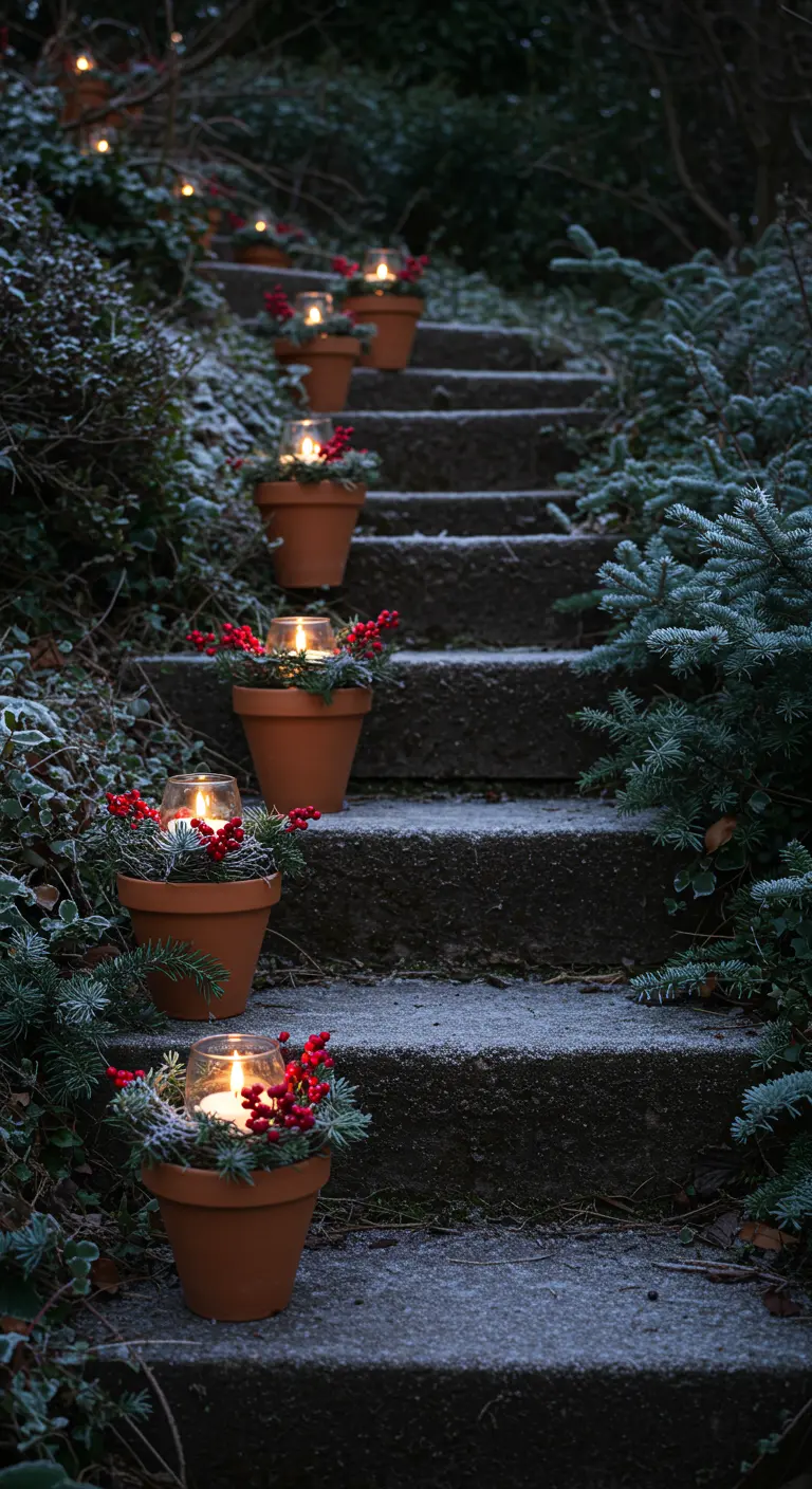 Stone steps lined with small terracotta pots containing candles and red berries.