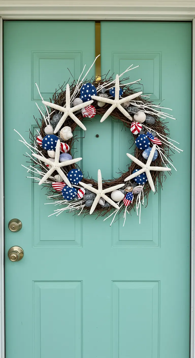 A patriotic coastal wreath made of starfish, shells, and twigs hanging on a bright teal door.