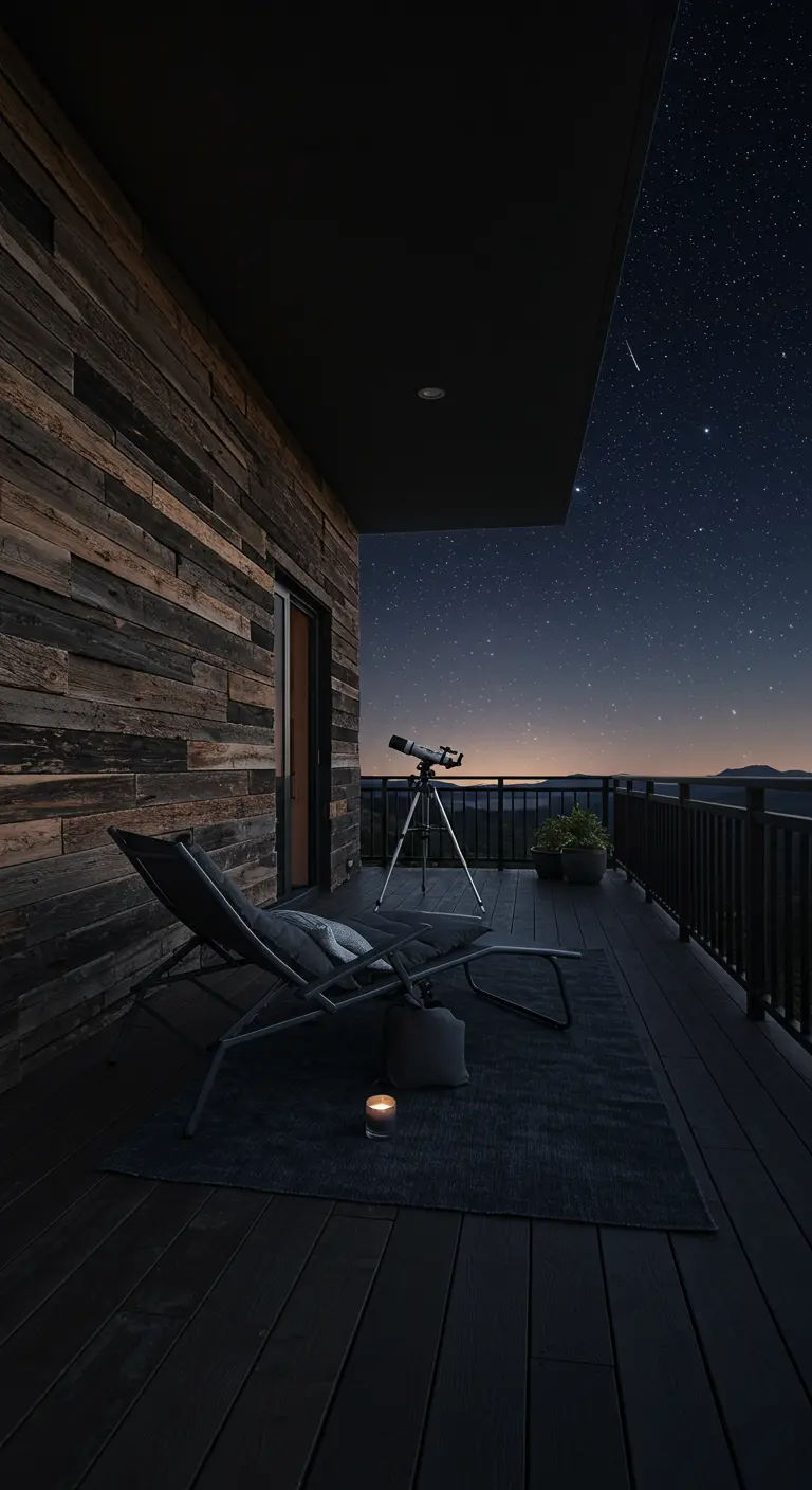 A dark balcony at night with a lounge chair and a telescope pointed at the starry sky.