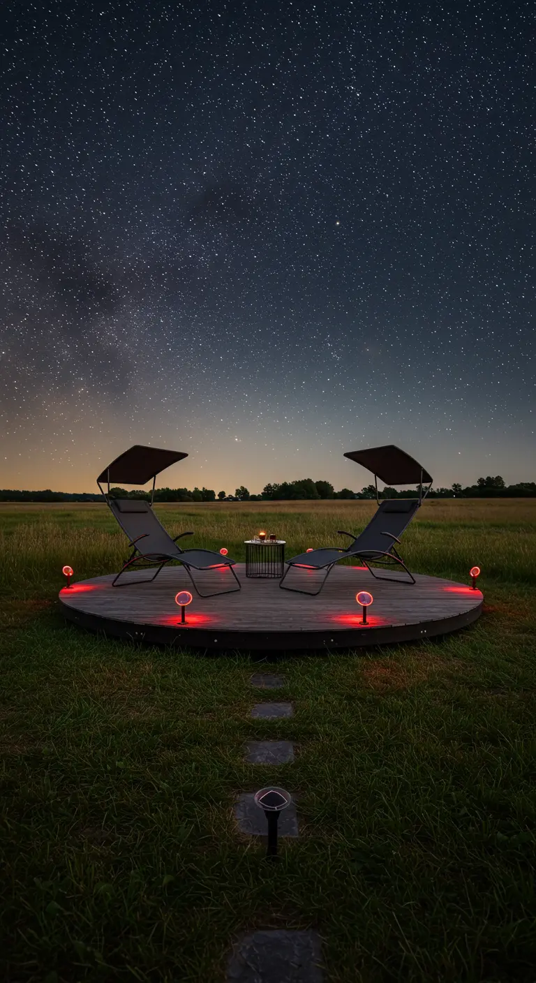 Two sunbeds on a round deck in a field at night, lit by red solar lights under a starry sky.