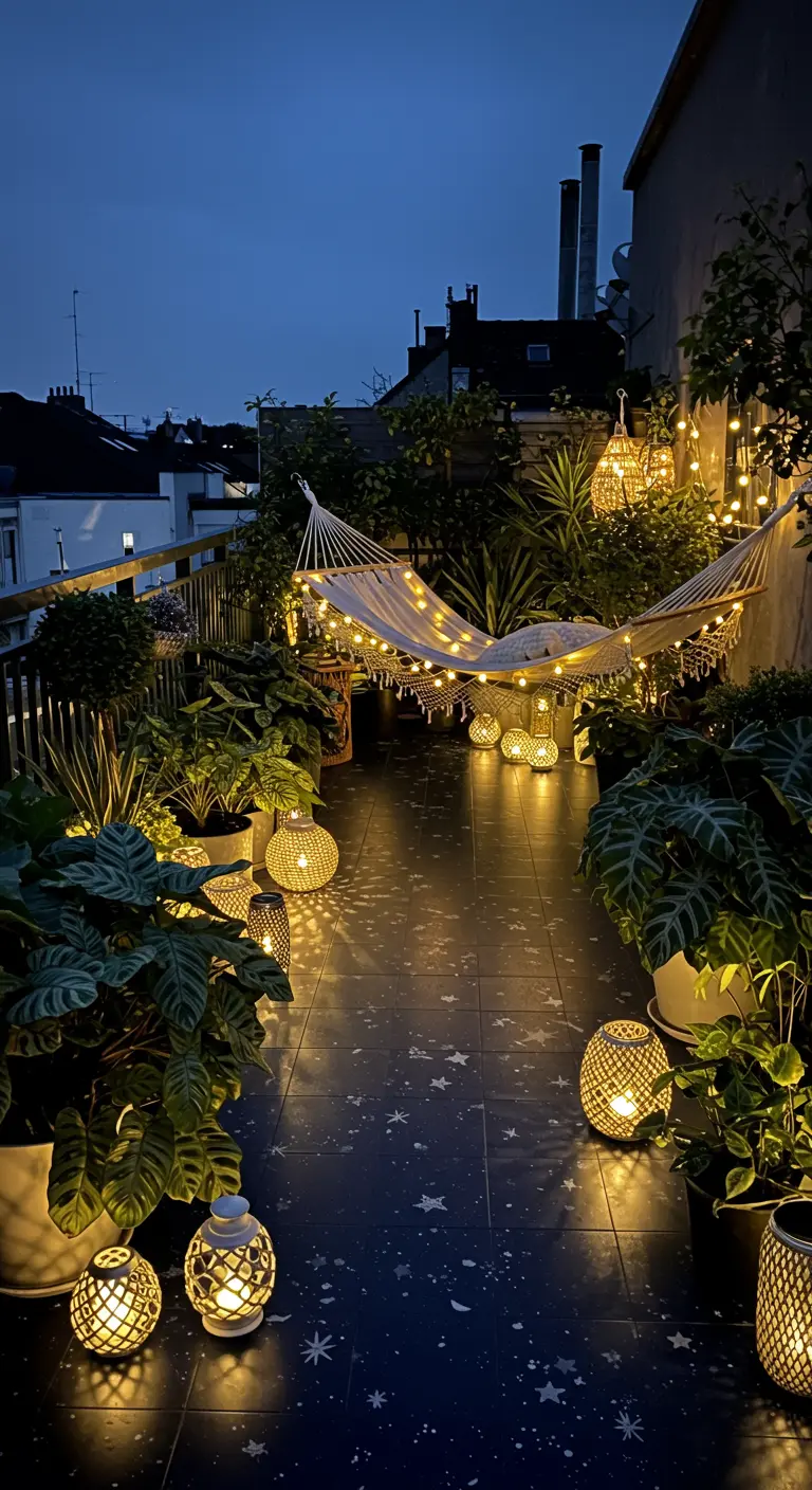 Dark terrace at night filled with glowing lanterns, fairy lights, and lush potted plants.