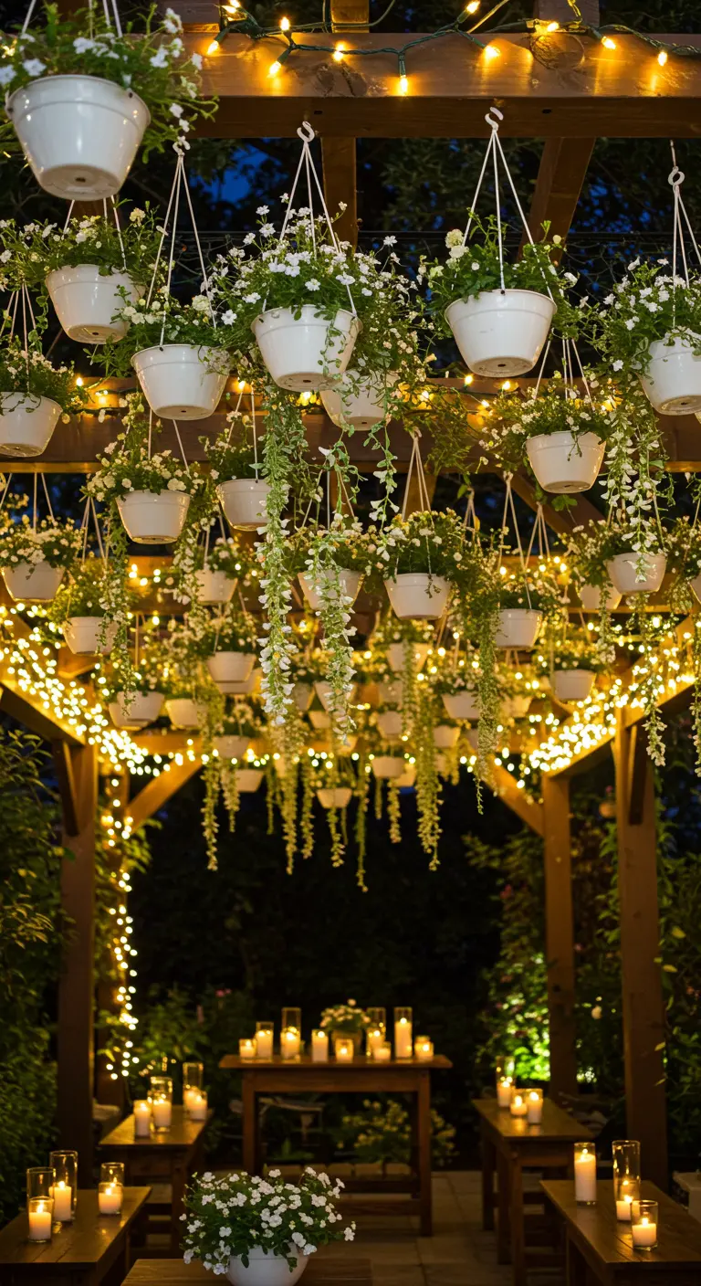 A pergola at night with dozens of hanging white flower baskets and string lights.