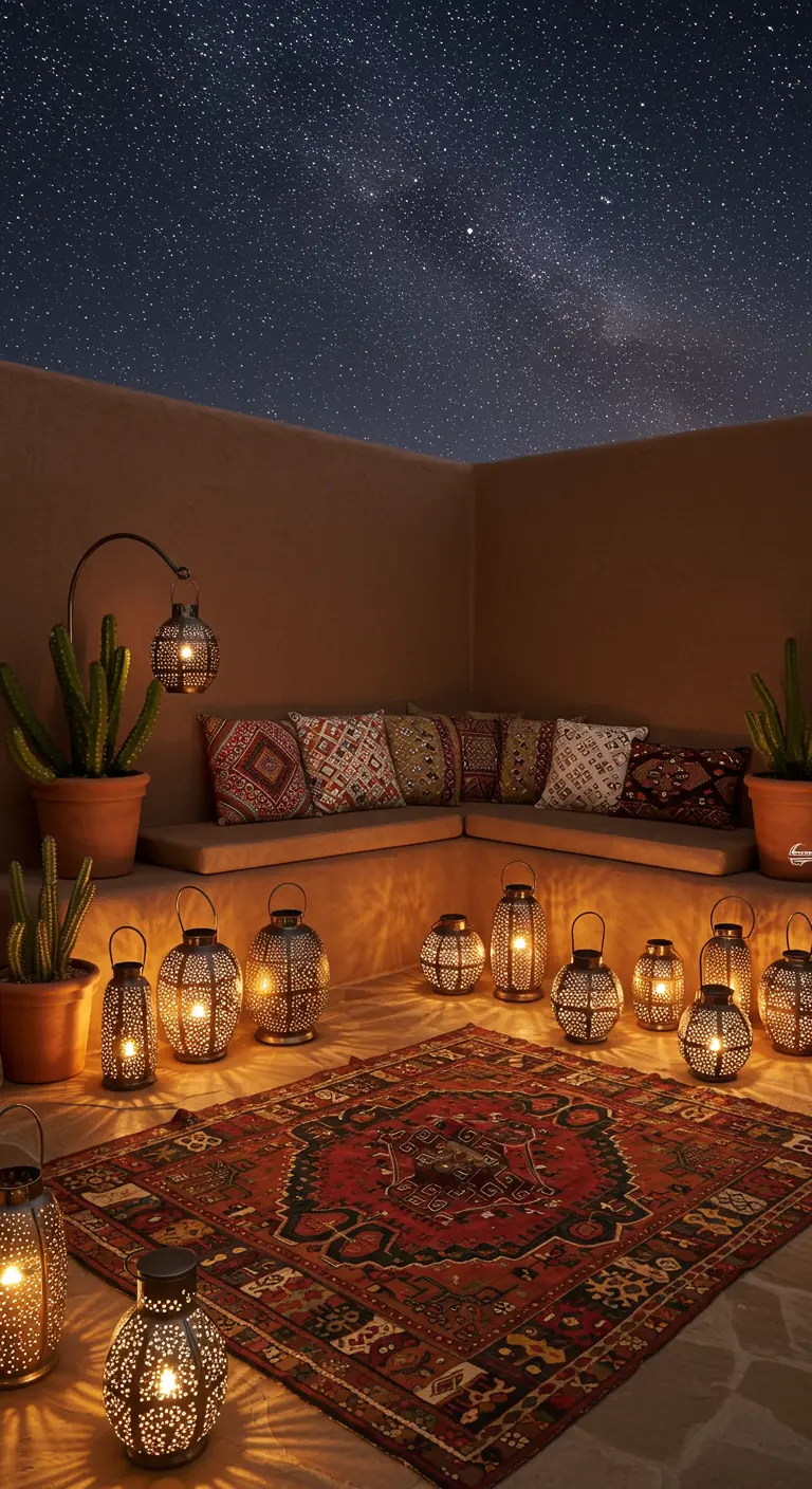 Terrace at night with many floor lanterns, a kilim rug, and cacti under a starry sky.