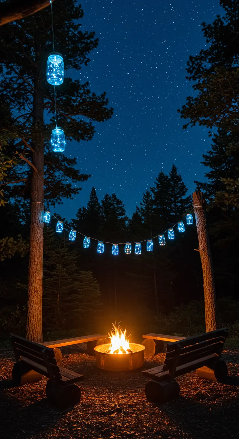 A campfire in the woods at night under a starry sky, with blue mason jar lights strung between trees.