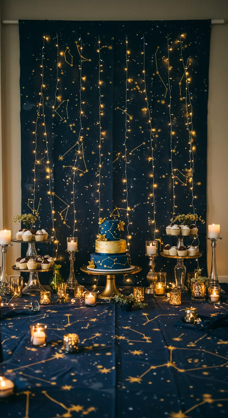 A navy blue backdrop with gold constellations and fairy lights