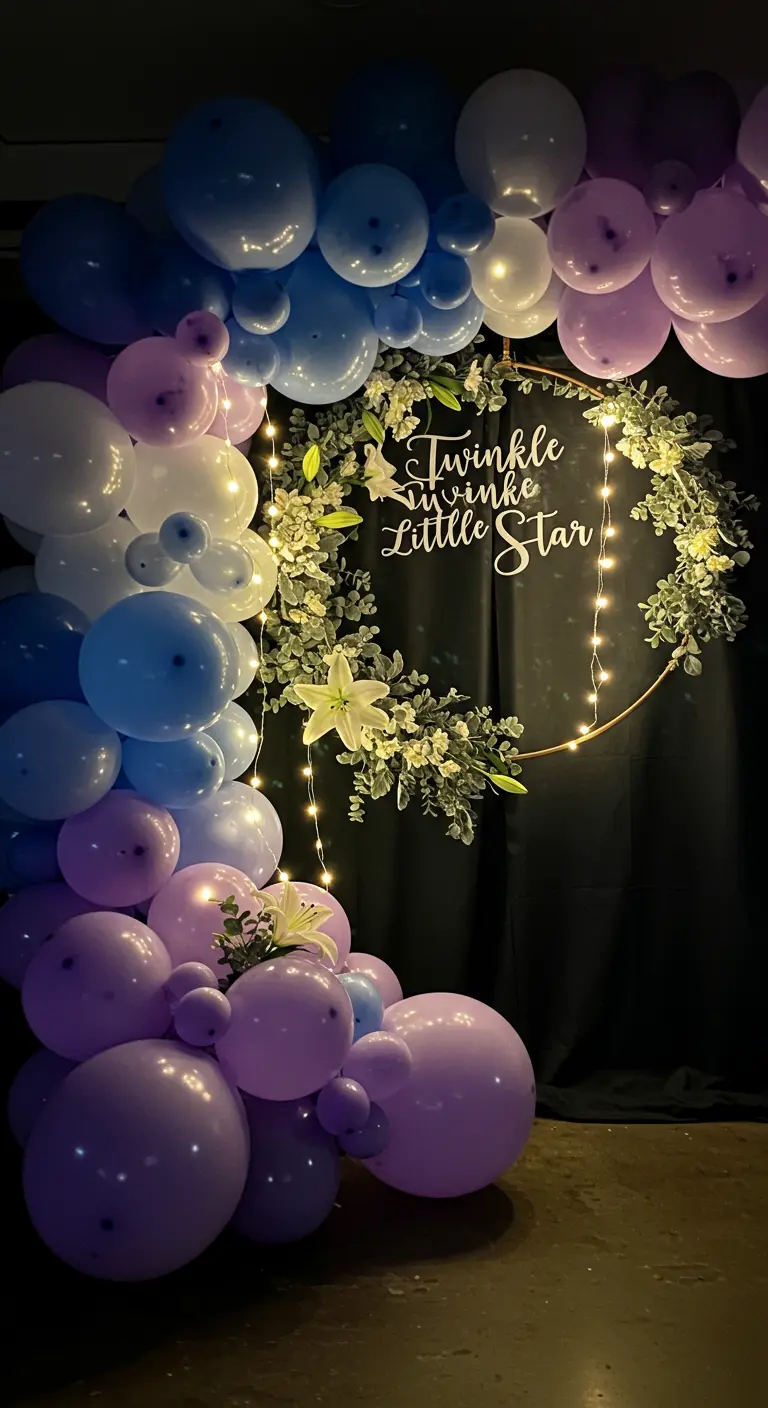 A 'Twinkle Little Star' theme with a dark backdrop, blue and purple balloons, and a lit floral hoop.