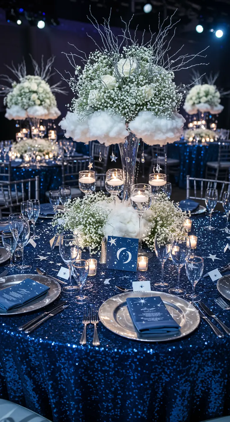 Celestial-themed table with a sequin tablecloth, cloud centerpiece, and star details.