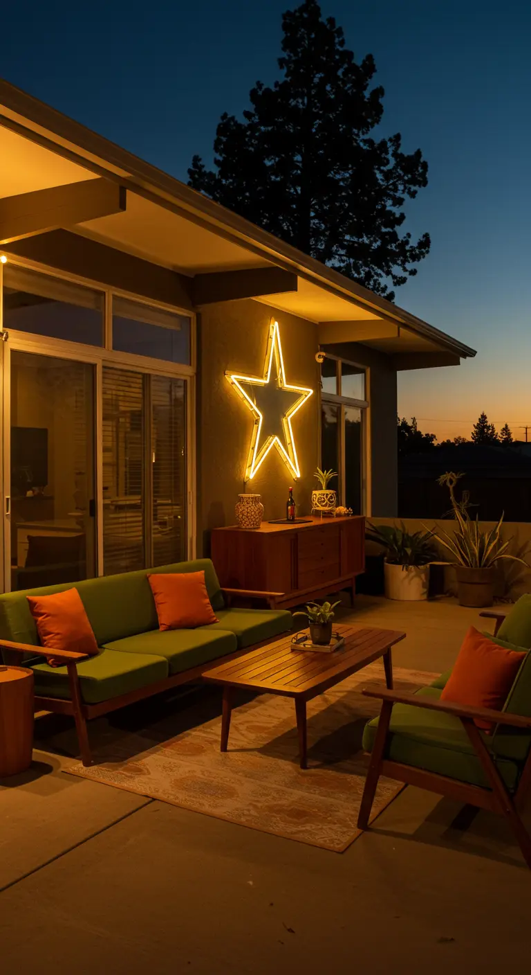 Mid-century modern patio with a star-shaped neon sign and vintage-style furniture.