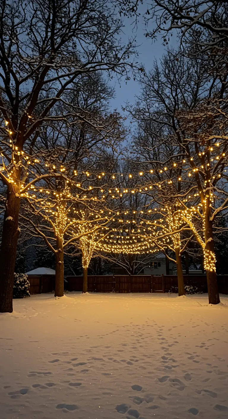 A canopy of warm string lights strung between snow-covered trees at night.