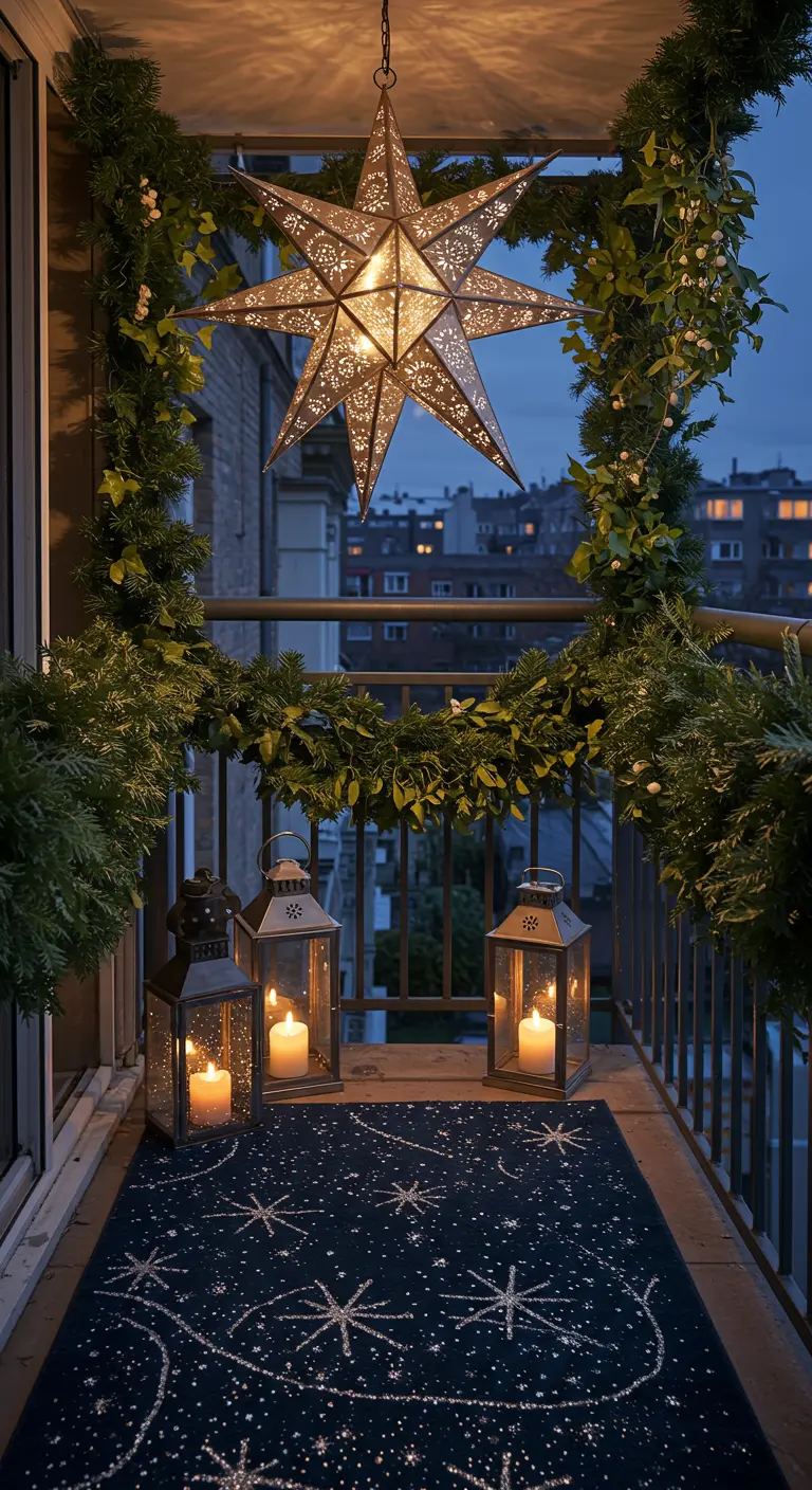 A balcony decorated with a large, glowing Moravian star, a starry rug, and candle lanterns.