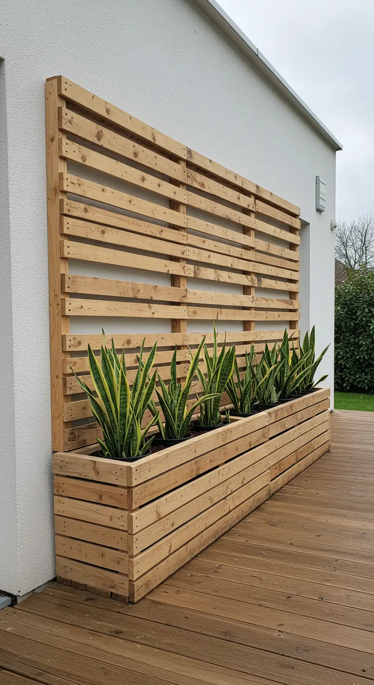 A natural wood pallet screen with a long planter box filled with sculptural snake plants on a wooden deck.