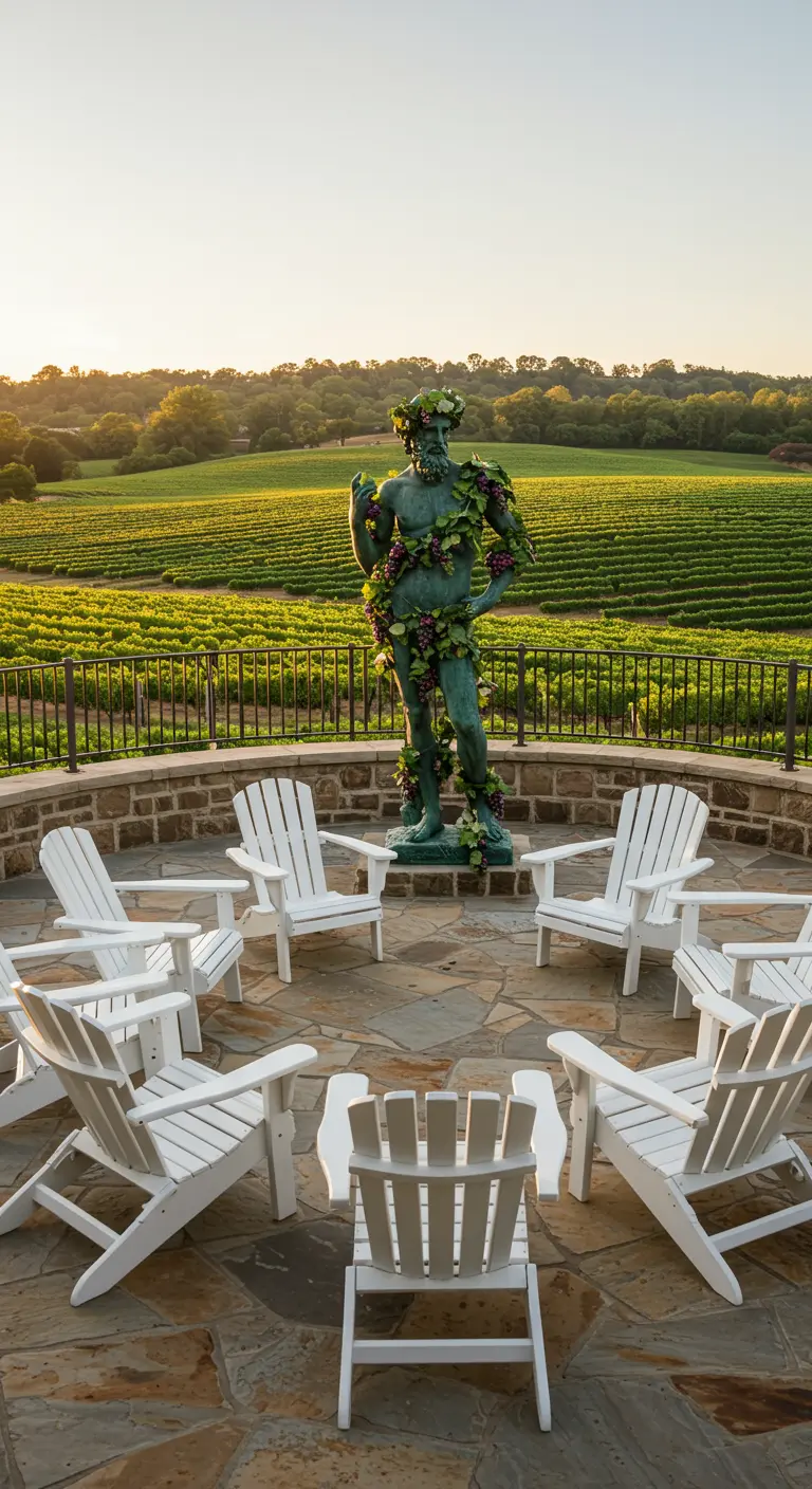 A large statue of Bacchus covered in grapevines, circled by white chairs overlooking a vineyard.