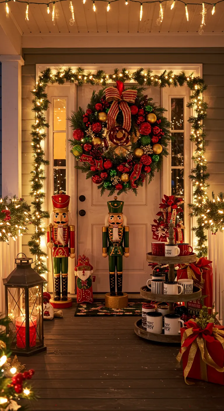 Porch decorated with large nutcrackers, a tiered tray of mugs, and a very full wreath.
