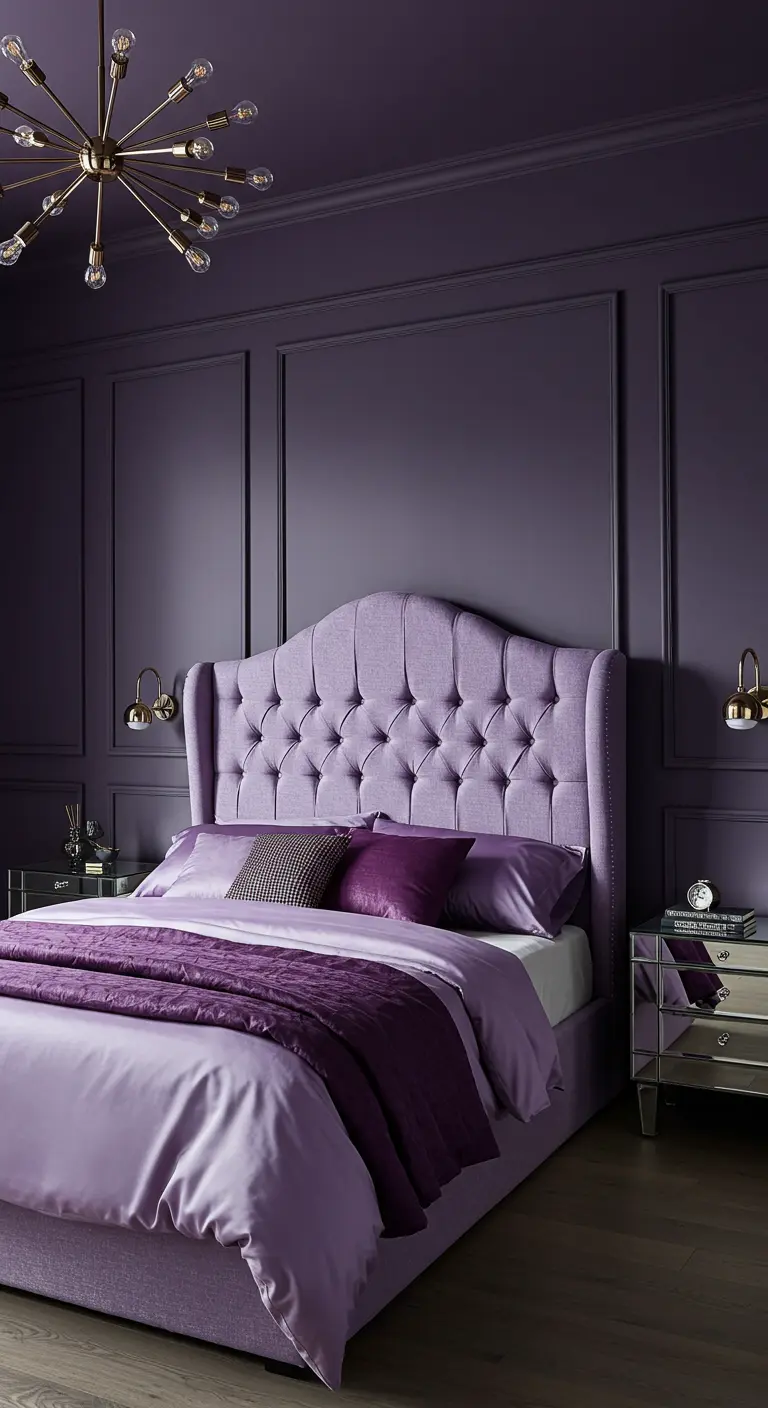 Monochromatic purple bedroom with a lilac tufted headboard and brass lighting.