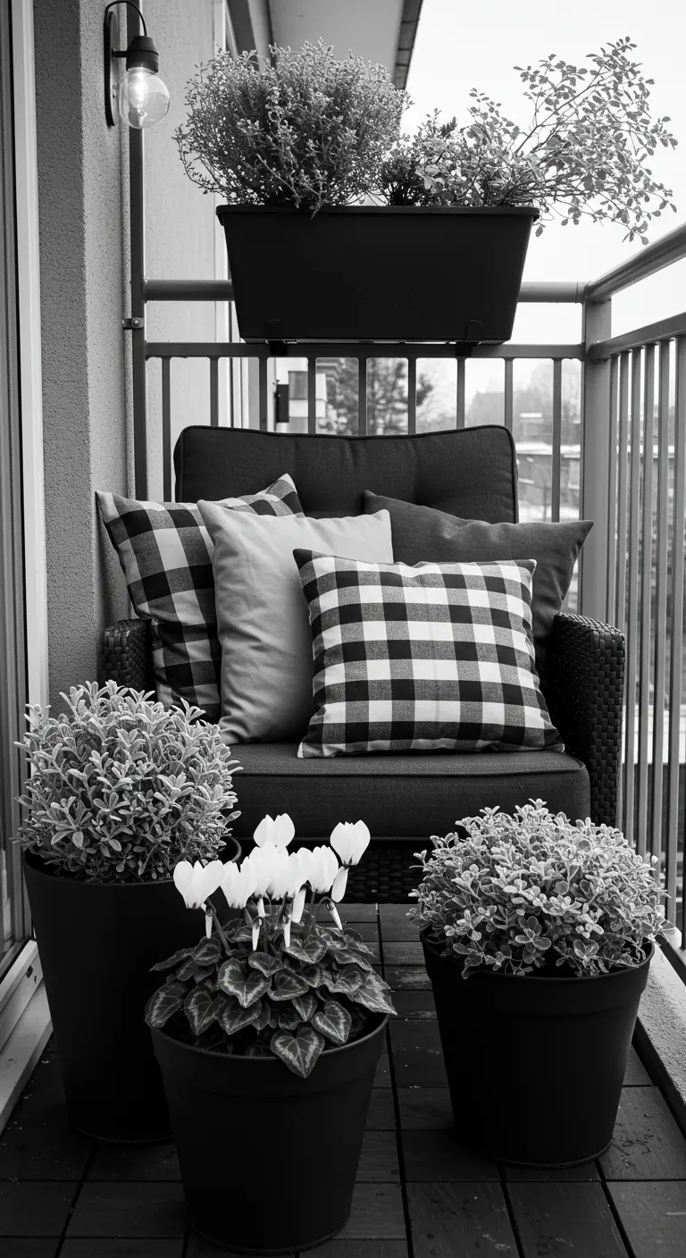 A black-and-white themed balcony with plaid pillows and plants with silver and white foliage.