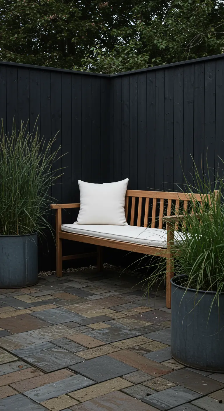 Light wood bench with white cushion against a black wooden fence, flanked by grasses.