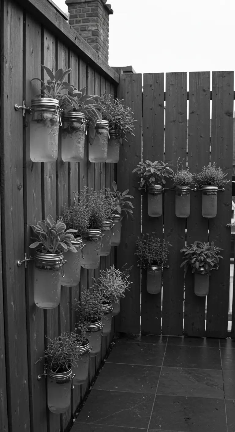A black and white photo of a large herb garden with many jars of sage and rosemary on a wood fence.