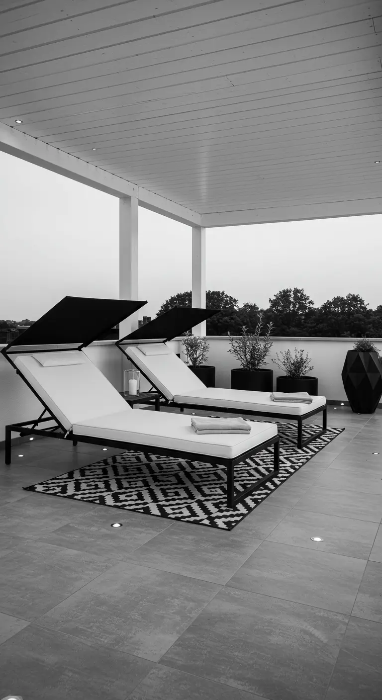 Black and white sunbeds on a graphic monochrome rug on a modern gray patio.
