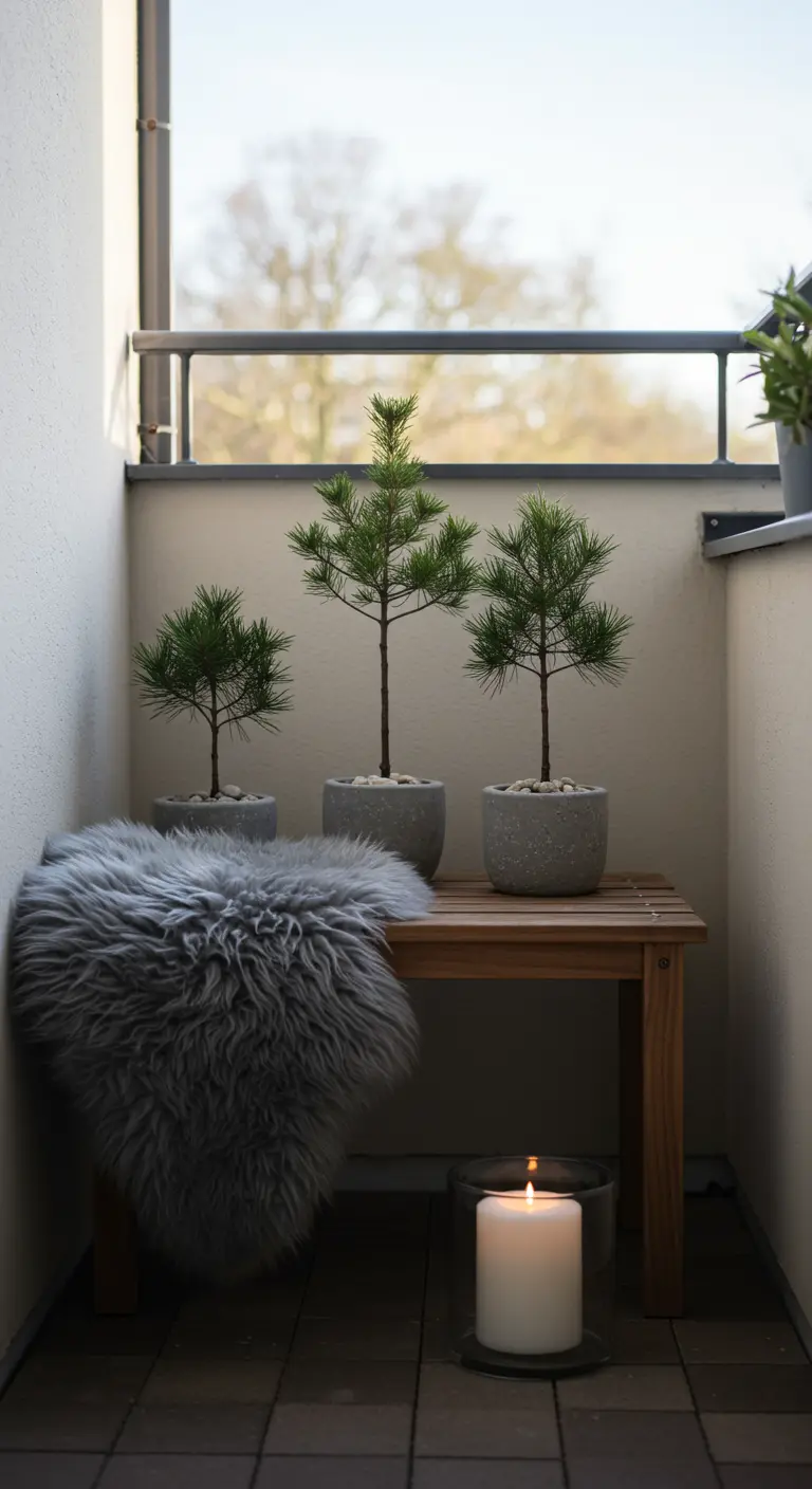 A minimalist balcony corner with a wooden bench, grey fur throw, and three small pine trees.