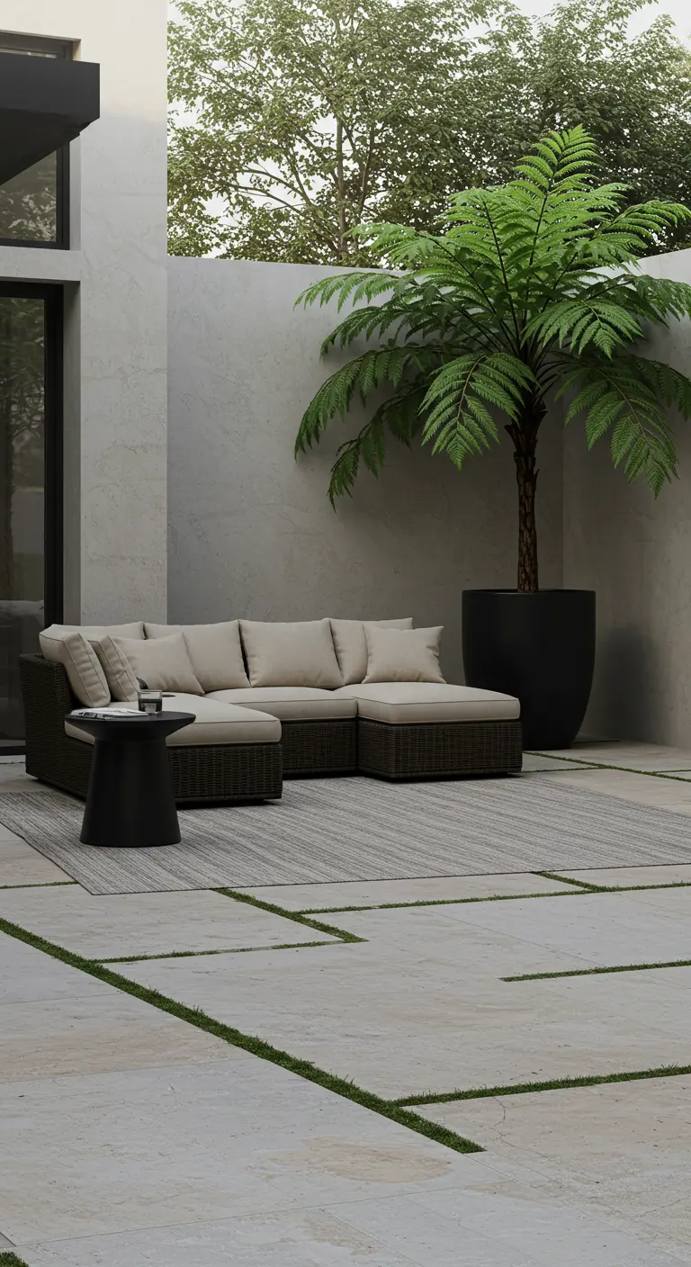 A minimal patio with a beige sectional and a single large tree fern in a black pot.