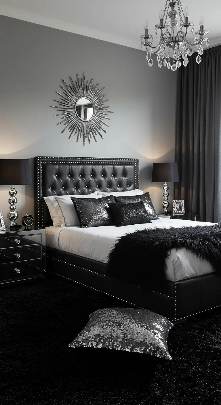 Gray and black bedroom with a tufted bed, sequin pillows, and a sunburst mirror.