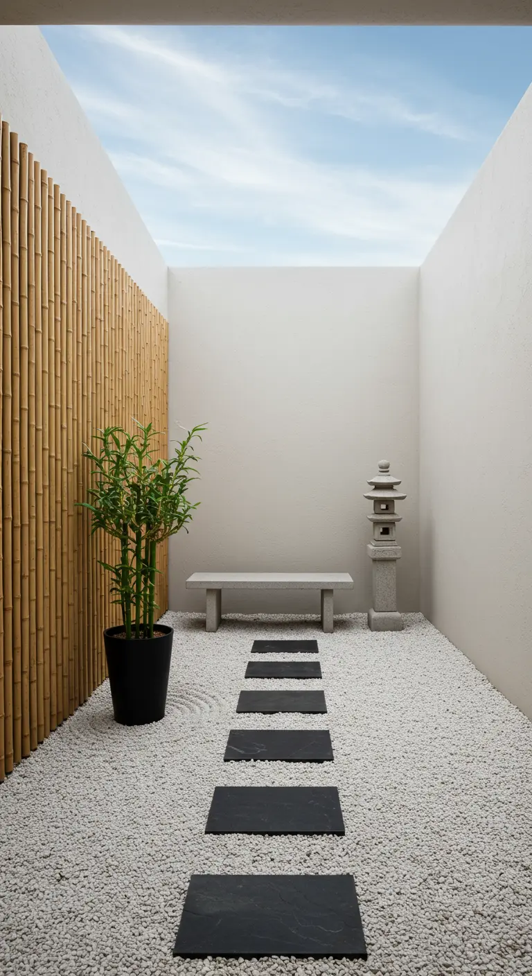 Minimalist zen garden with a bamboo plant, stepping stones, and a stone pagoda.